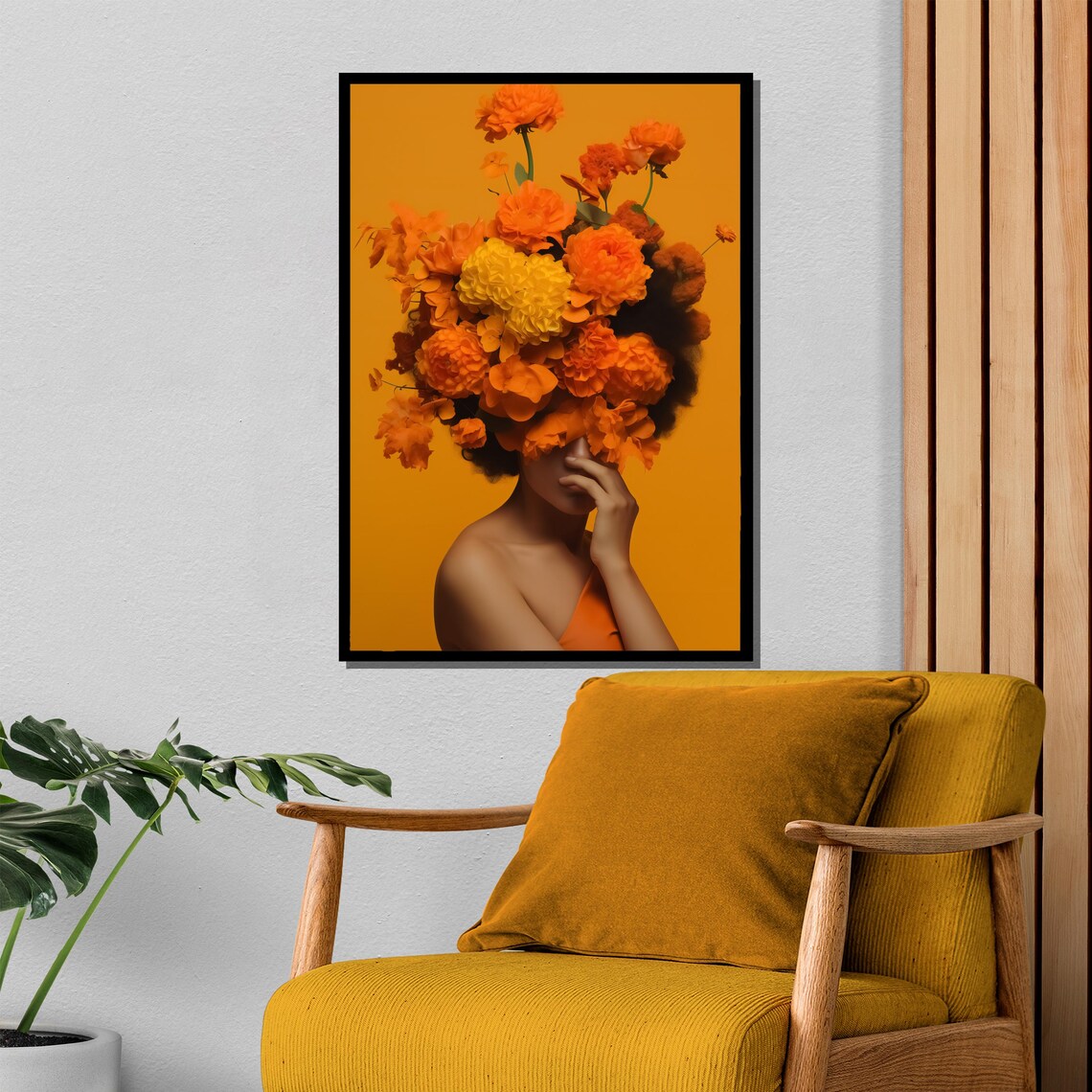 Orange Marigold Crown Woman Bold Botanical Portrait Art Poster - Image 4