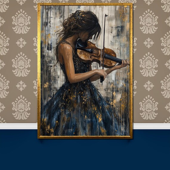 Violinist Woman in Dark Gown with Gold Accents Painting Poster