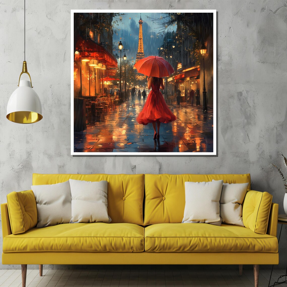 Woman in Red Dress with Umbrella Rainy Paris Night Art Poster - Image 2