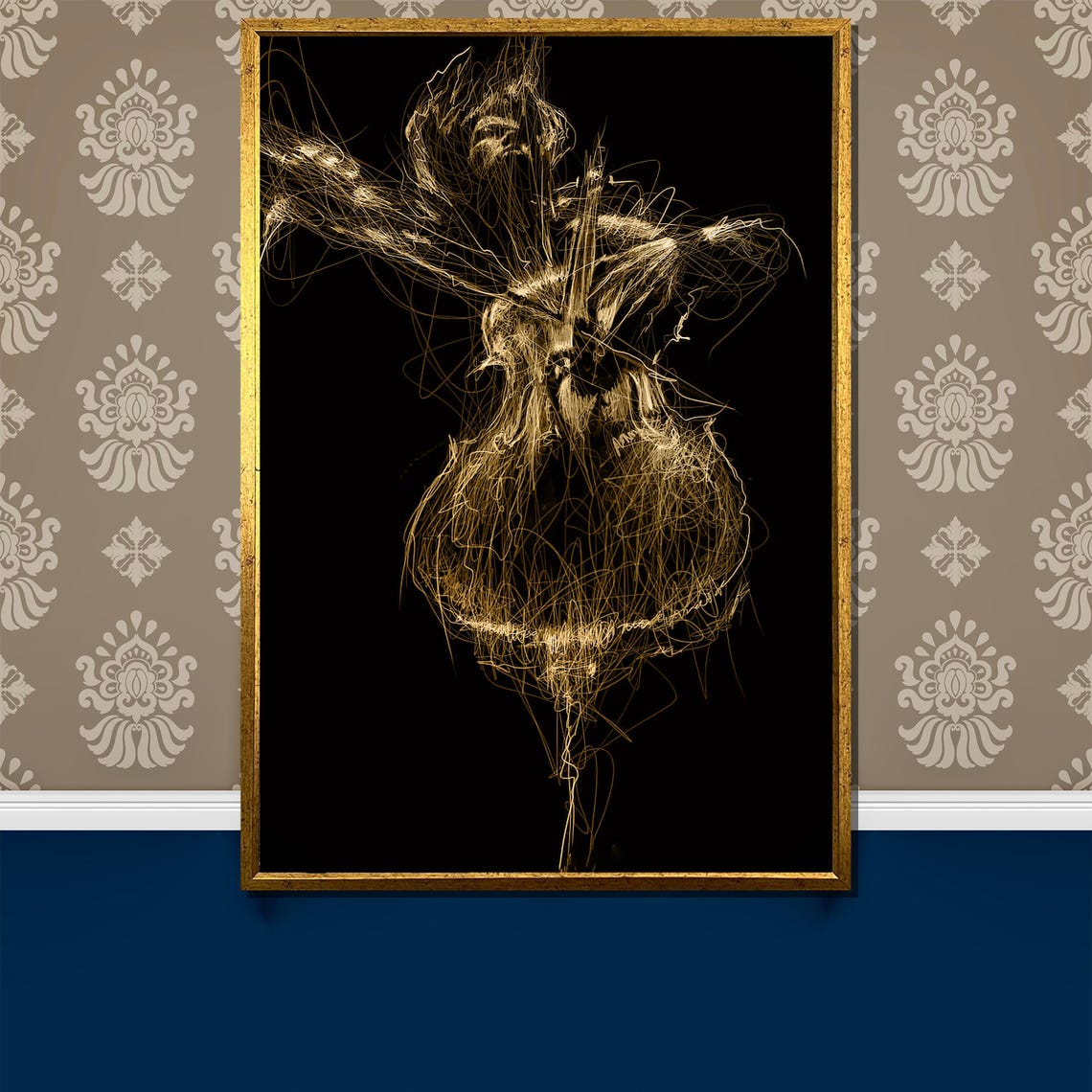 Golden Line Art Dancer on Black Scribble Sketch Dance Poster