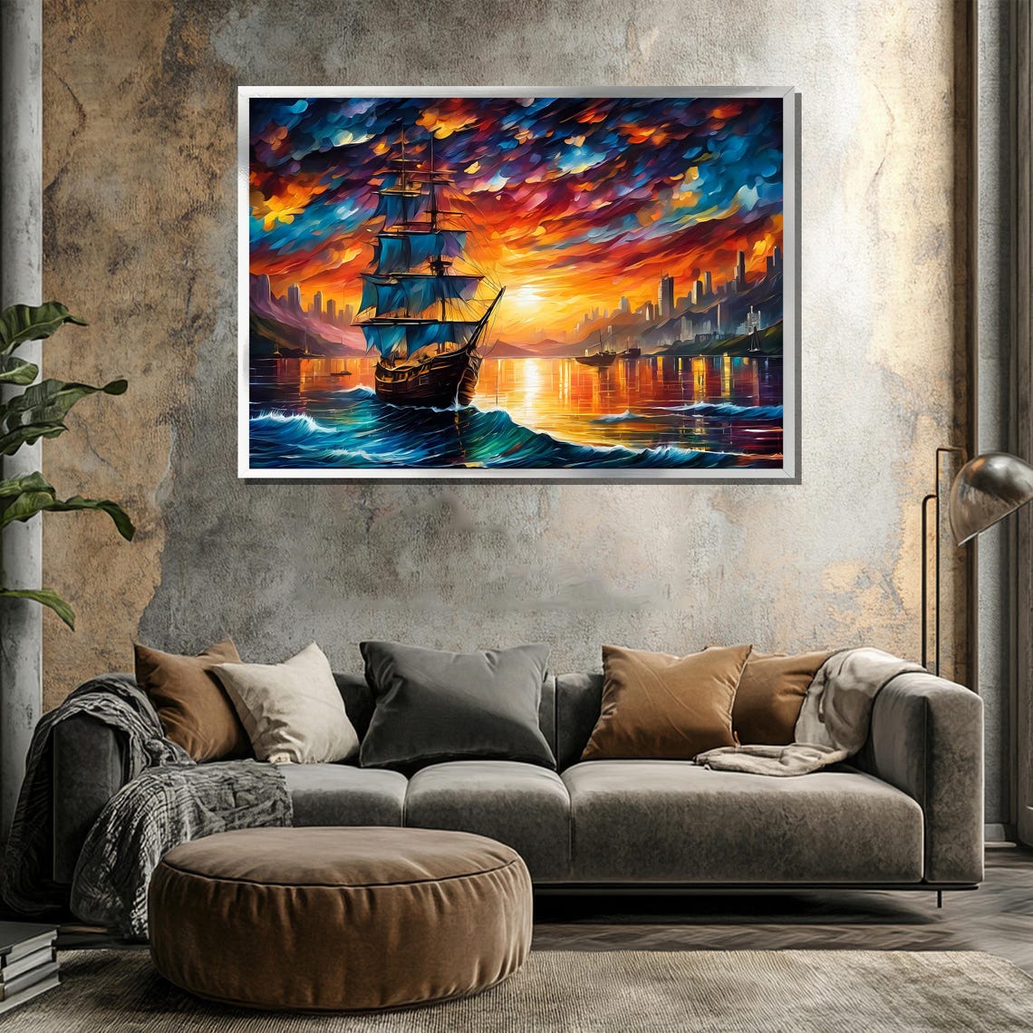Tall Ship Sailing Into Sunset Harbor With City Skyline Painting Poster - Image 3