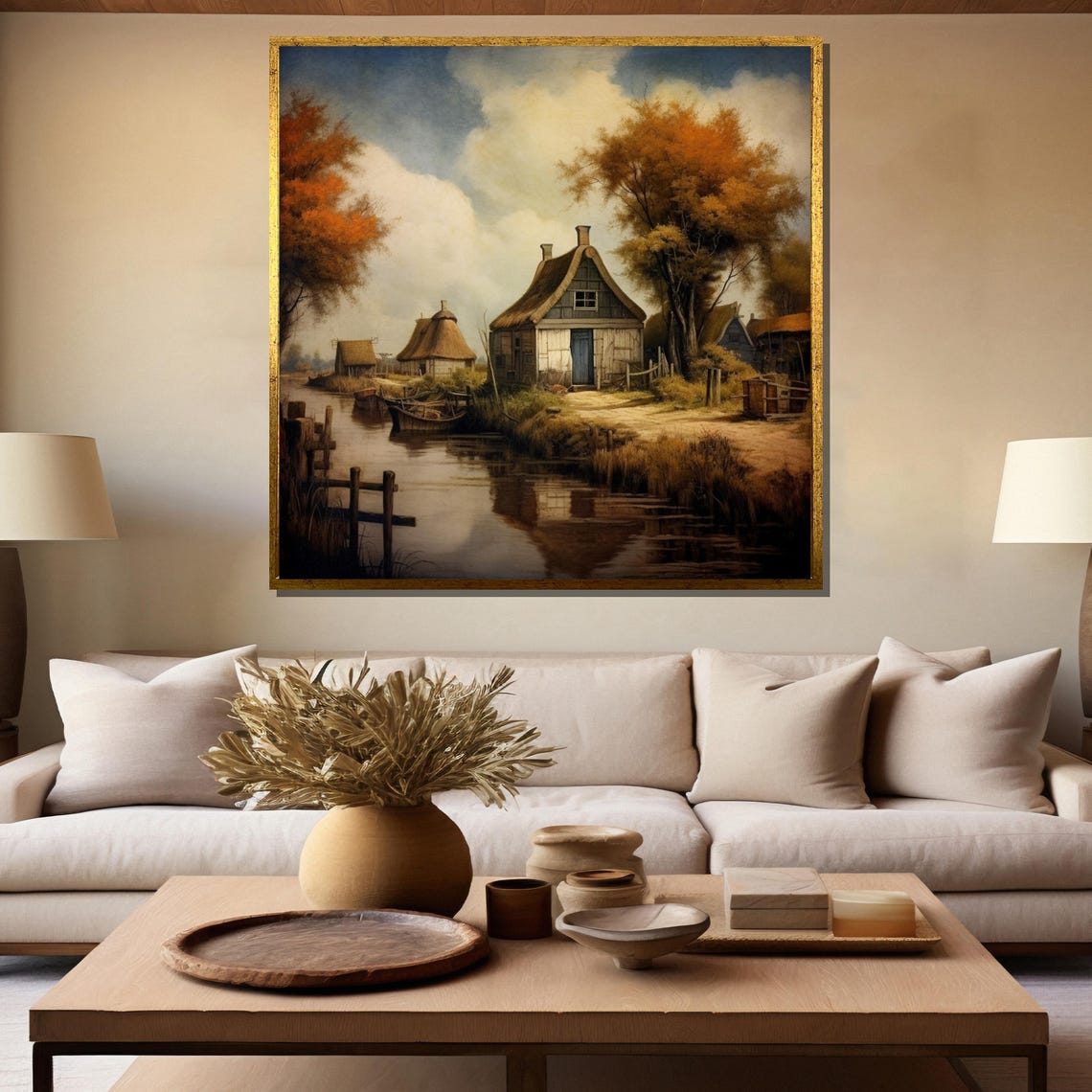 Rustic Thatched Cottage Canal Painting Autumn Countryside Poster - Image 5