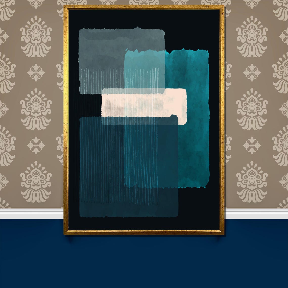 Rothko Style Teal White And Navy Geometric Abstract Blocks Poster