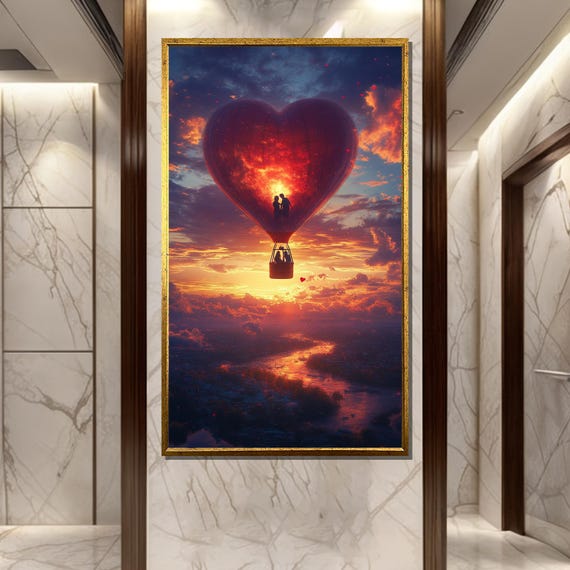 Heart Shaped Hot Air Balloon Painting Romantic Sunset Sky Wall Art Dreamy Love Adventure Artwork Anniversary Gift Home Decor