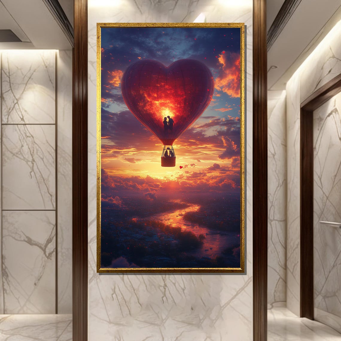 Heart Shaped Hot Air Balloon Glowing Sunset Over the River Poster