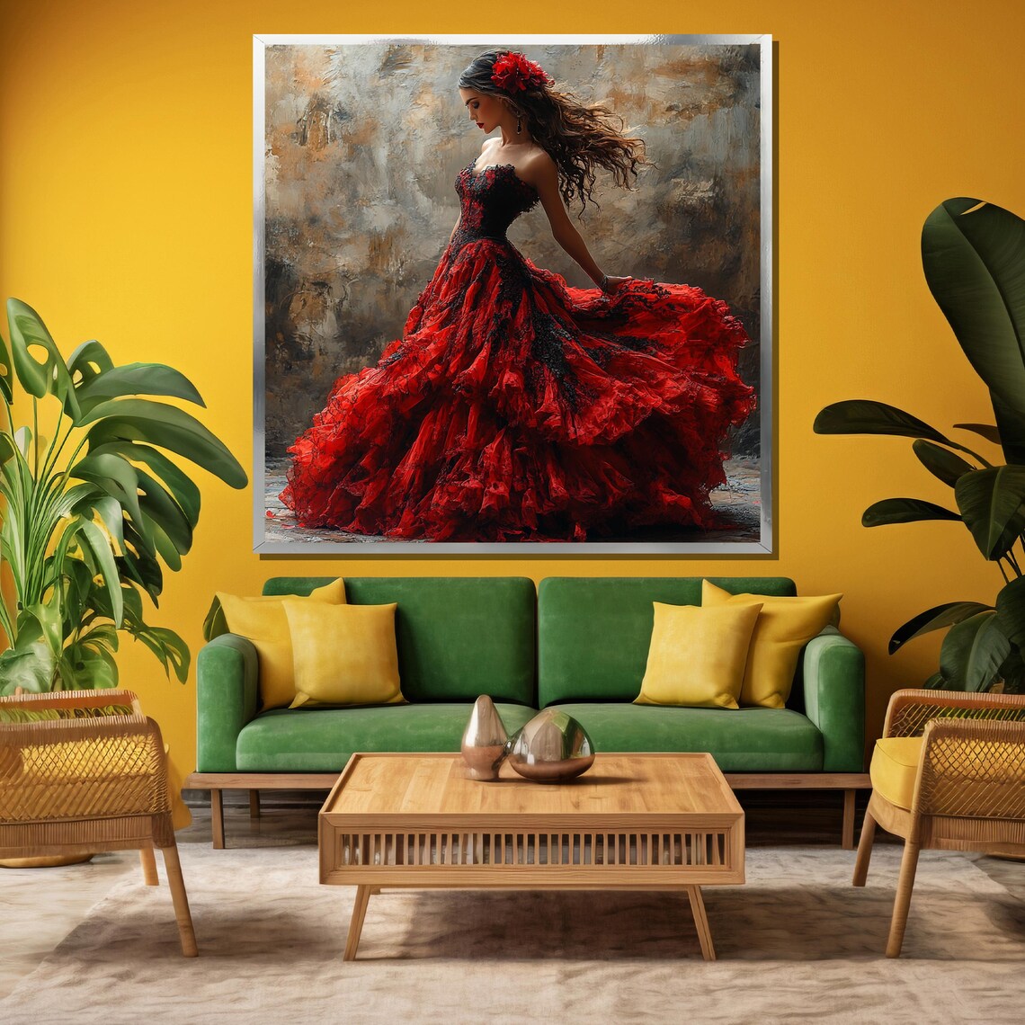 Elegant Flamenco Lady in Flowing Red Ruffles Rose Hair Art Poster - Image 3
