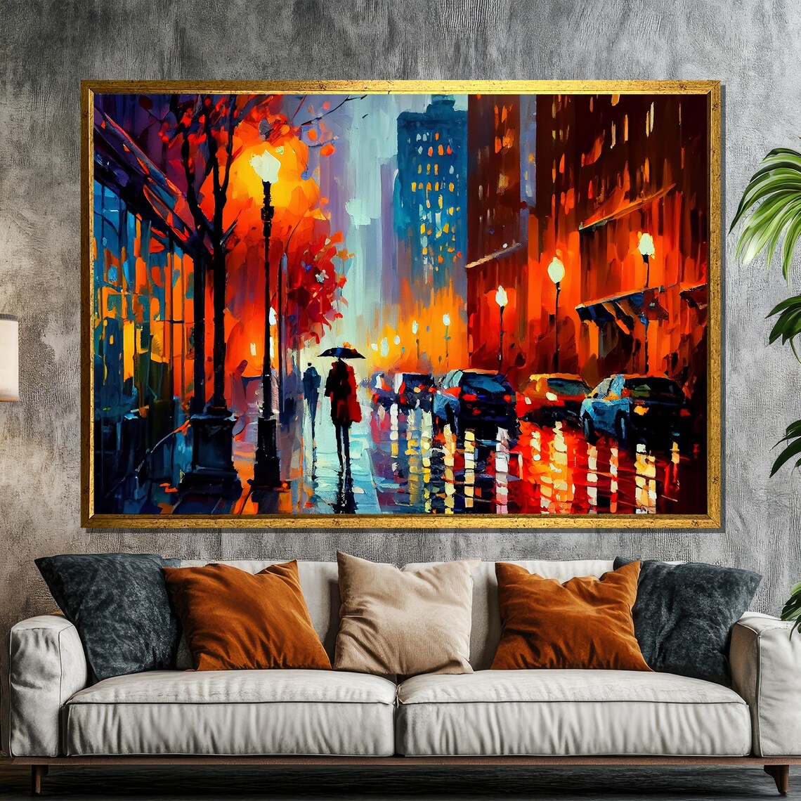 Rainy City Street at Night With Umbrella Figure Neon Painting Poster