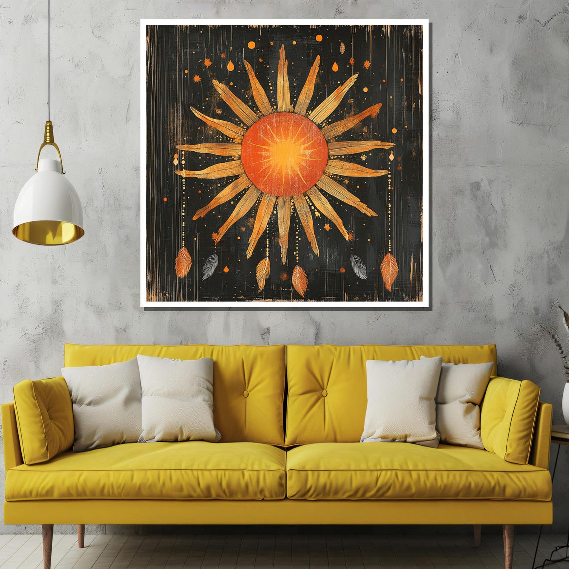 Boho Sunburst Painting Mystic Sun And Feathers Wall Art Spiritual Celestial Decor Unique Gift For Astrology Lovers - Image 2
