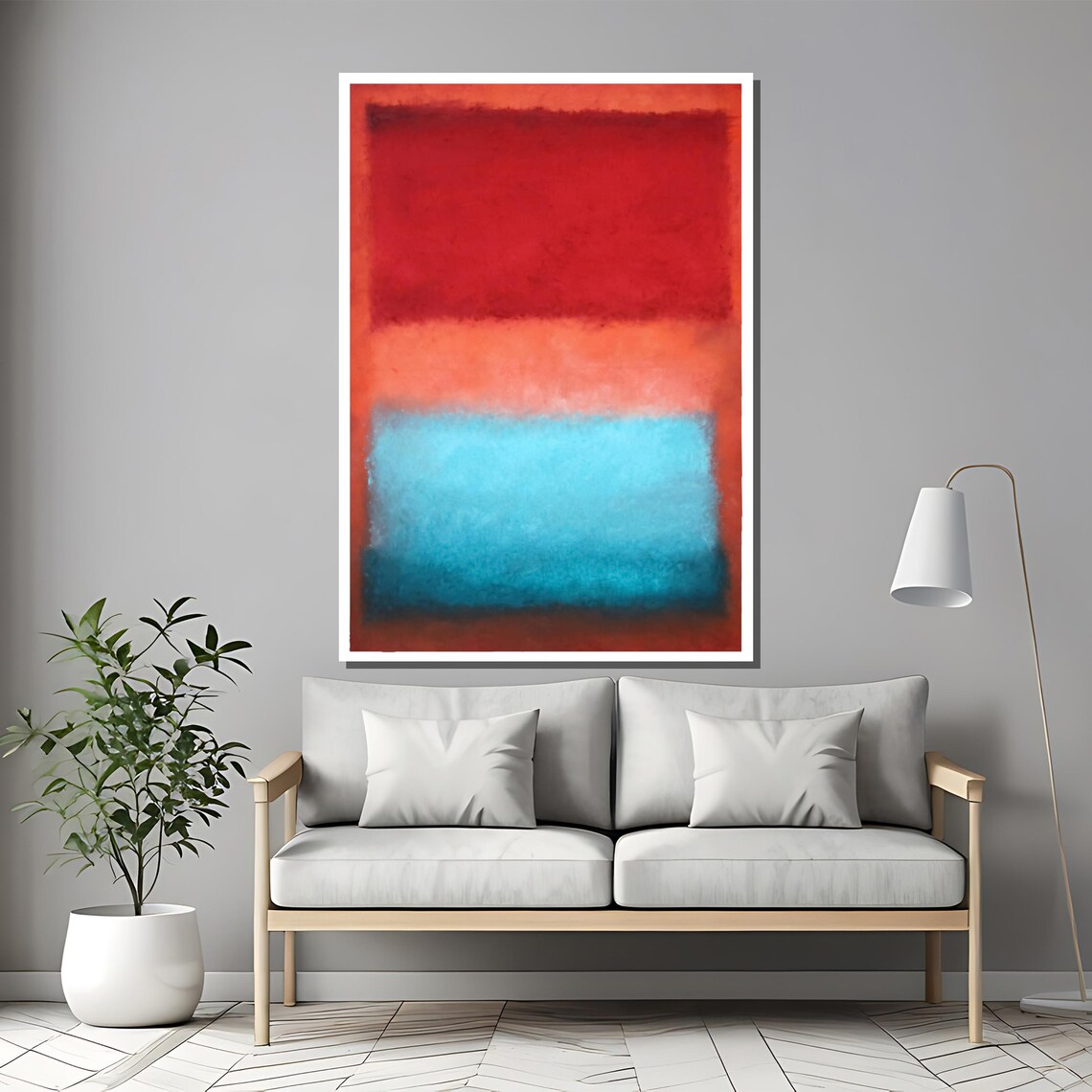 Bold Red Coral and Teal Color Block Rothko Inspired Abstract Poster - Image 2