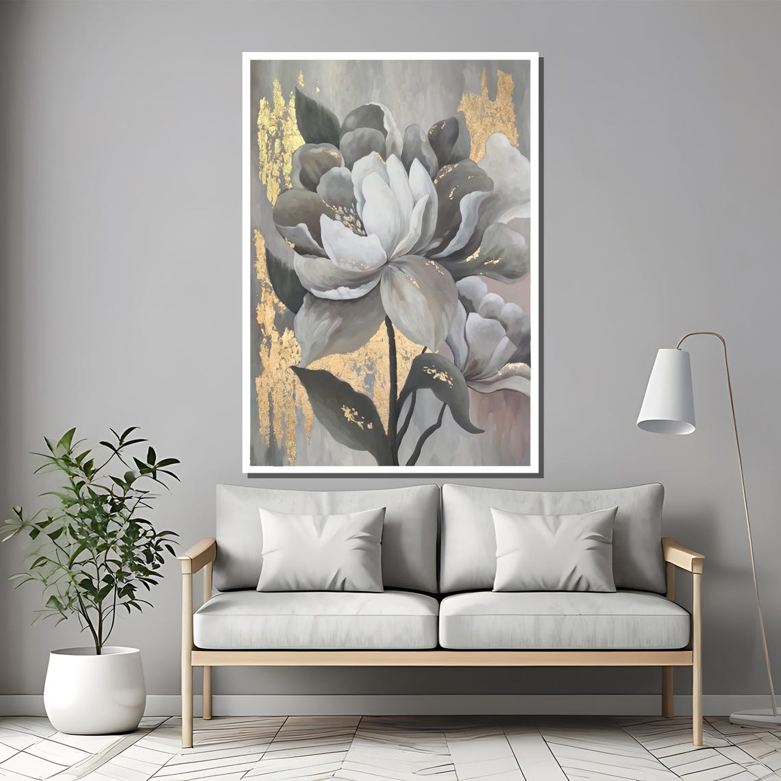 Gray White Floral With Gold Leaf Accents Elegant Botanical Poster - Image 2