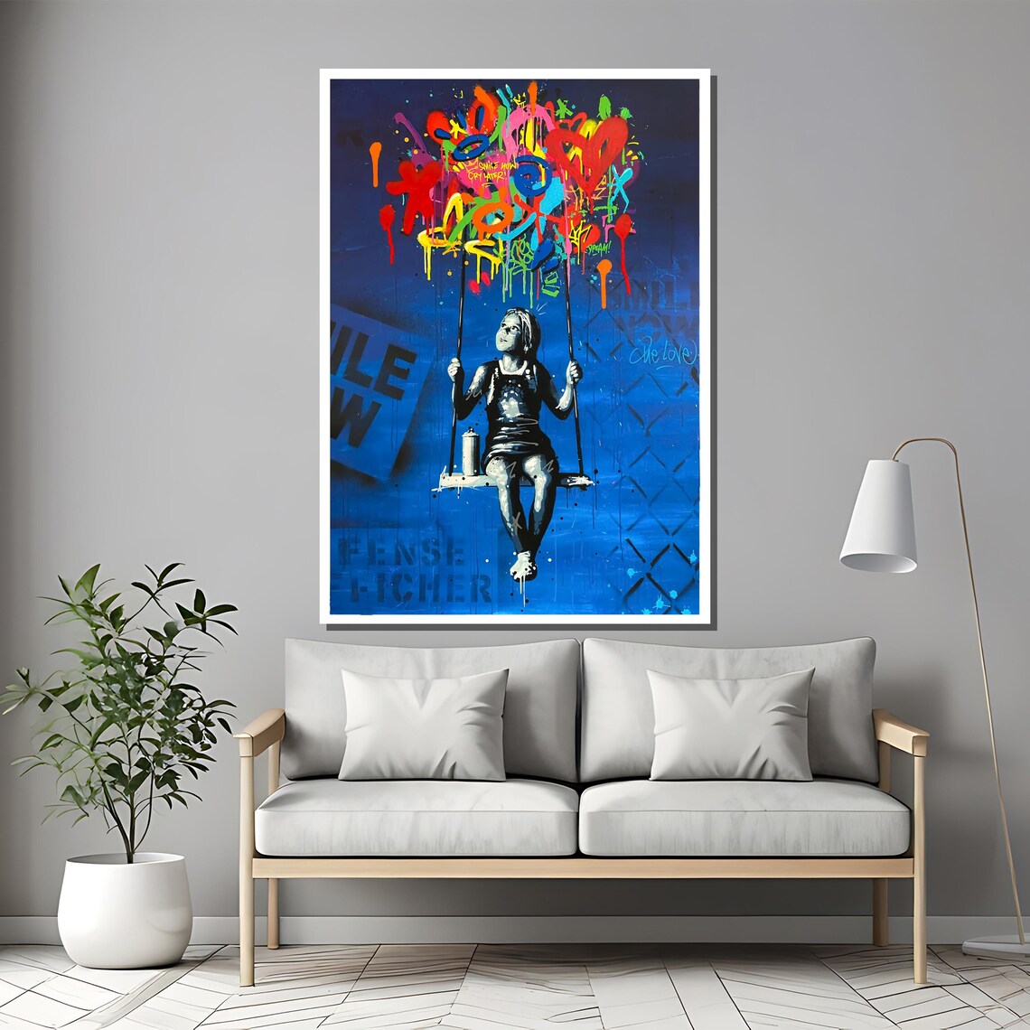 Banksy Style Girl On Swing With Graffiti Balloon Blue Art Poster - Image 2