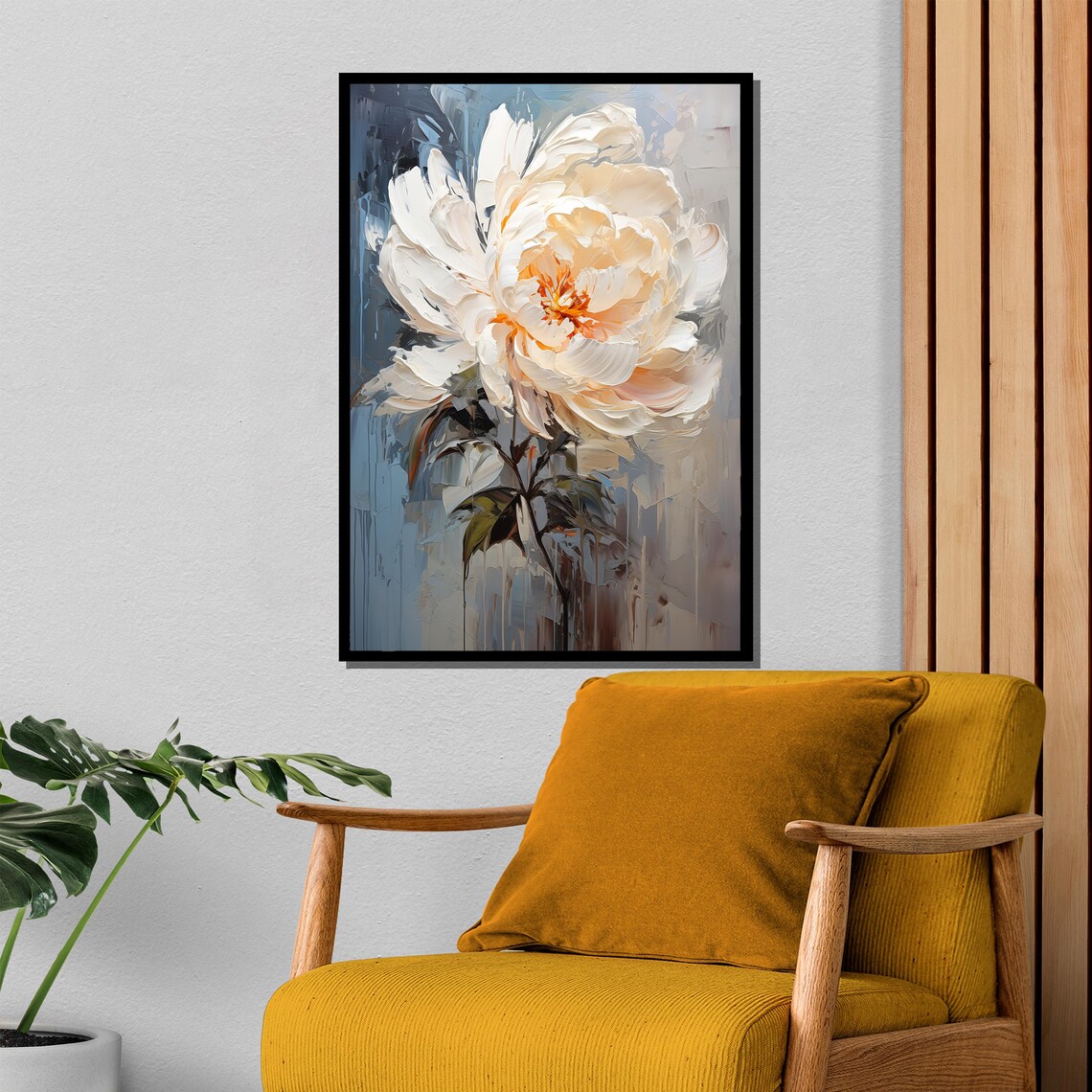 White Peony Warm Peach Center Blue Gray Floral Painting Poster - Image 4