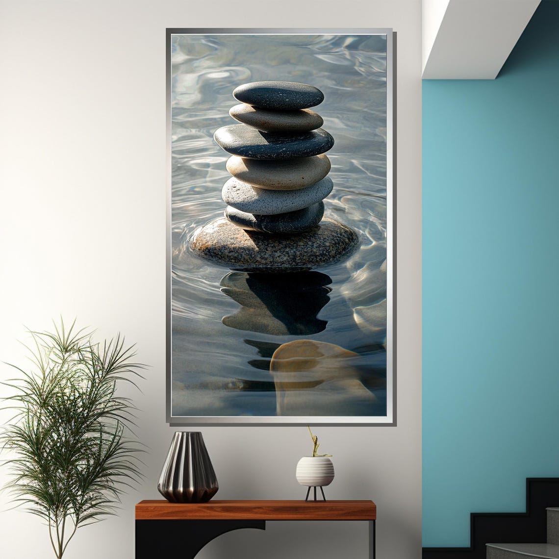 Balanced Cairn of Smooth Stones in Rippling Blue Water Poster - Image 3