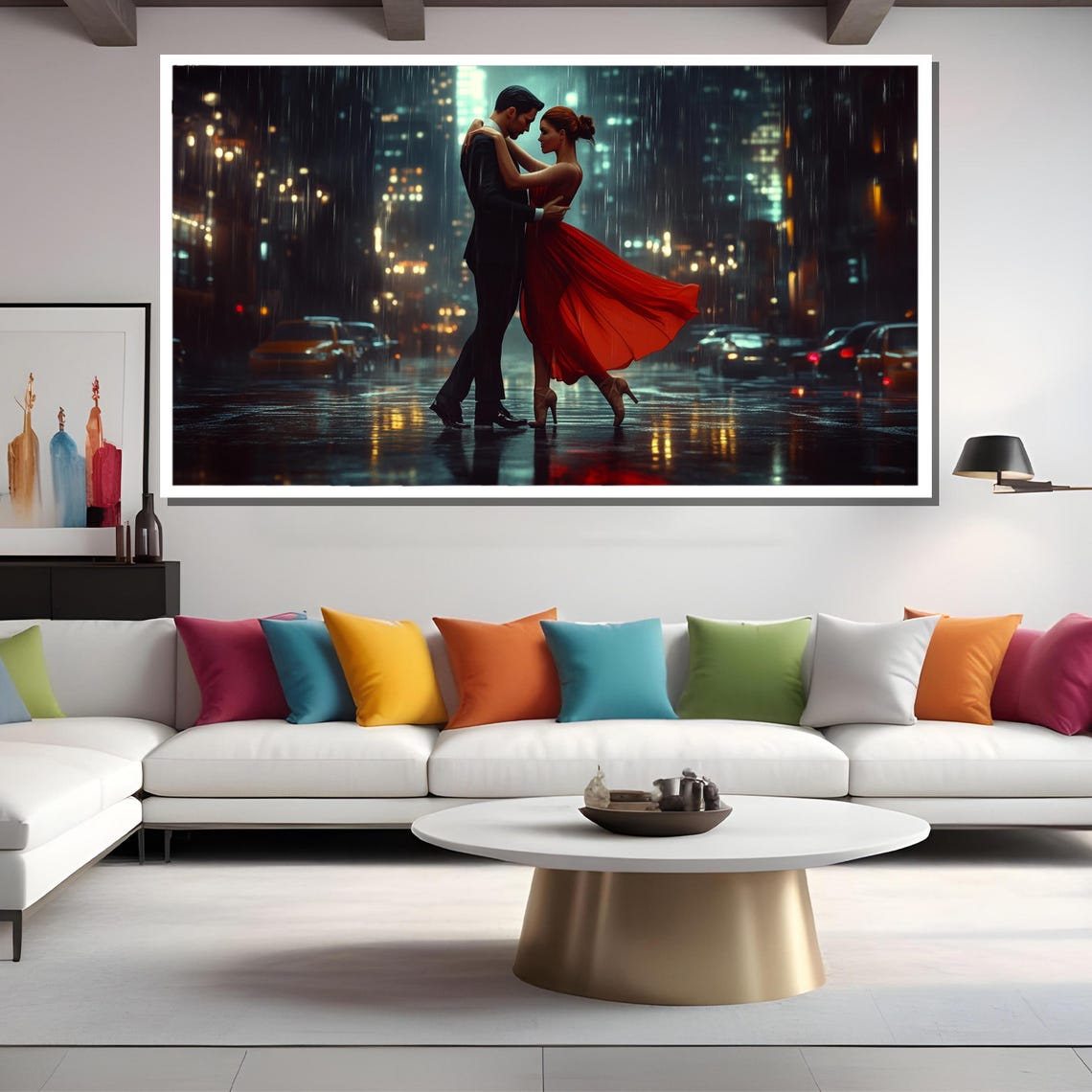 Romantic Dance Painting Elegant Couple In The Rain Passionate Wall Art Gift - Image 2