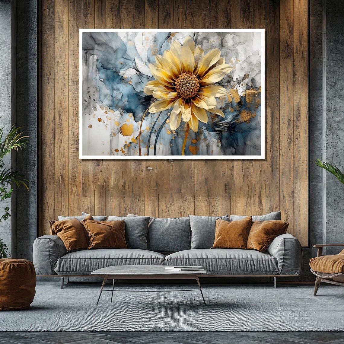 Watercolor Sunflower Bloom with Gold Accents on Abstract Blue Poster - Image 2