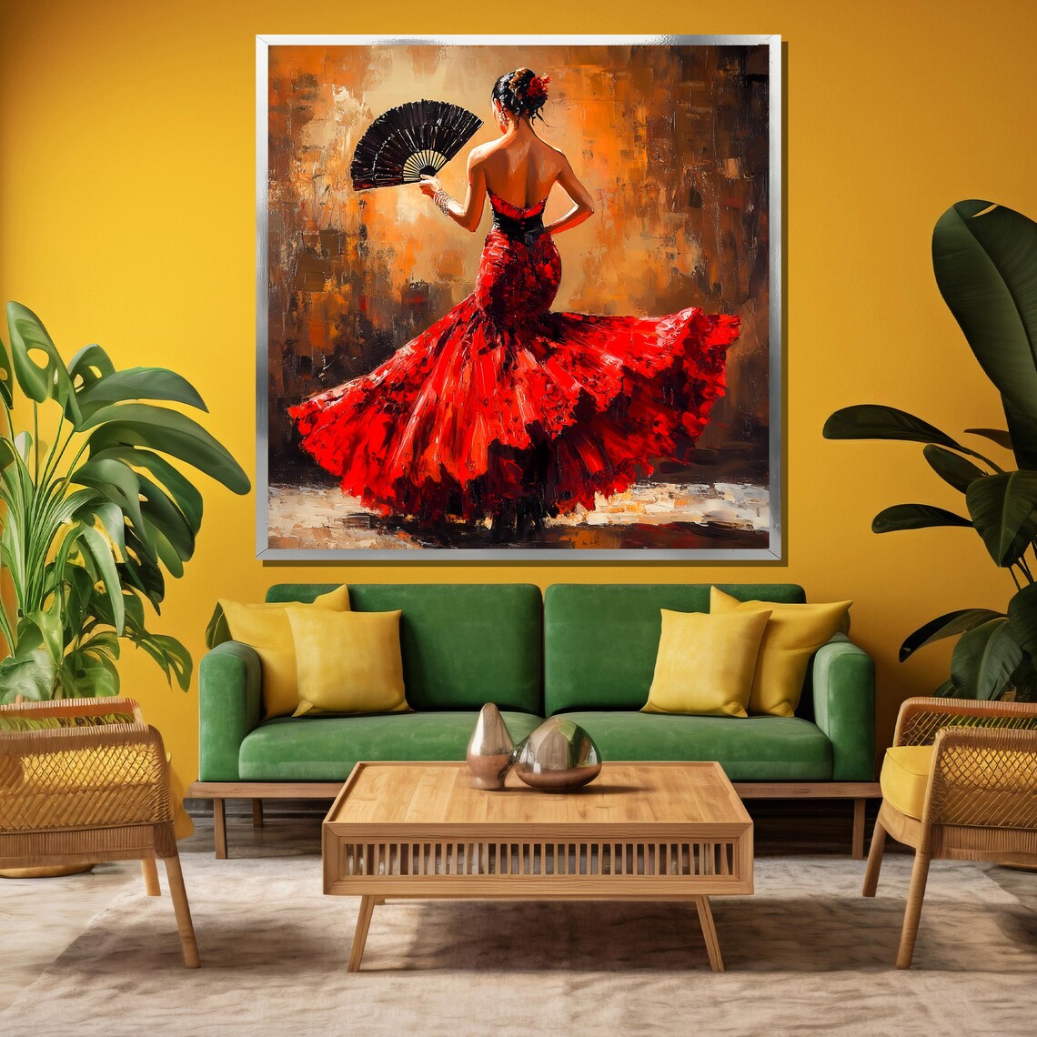 Fiery Flamenco Dancer in Red Dress With Black Fan Painting Poster - Image 3