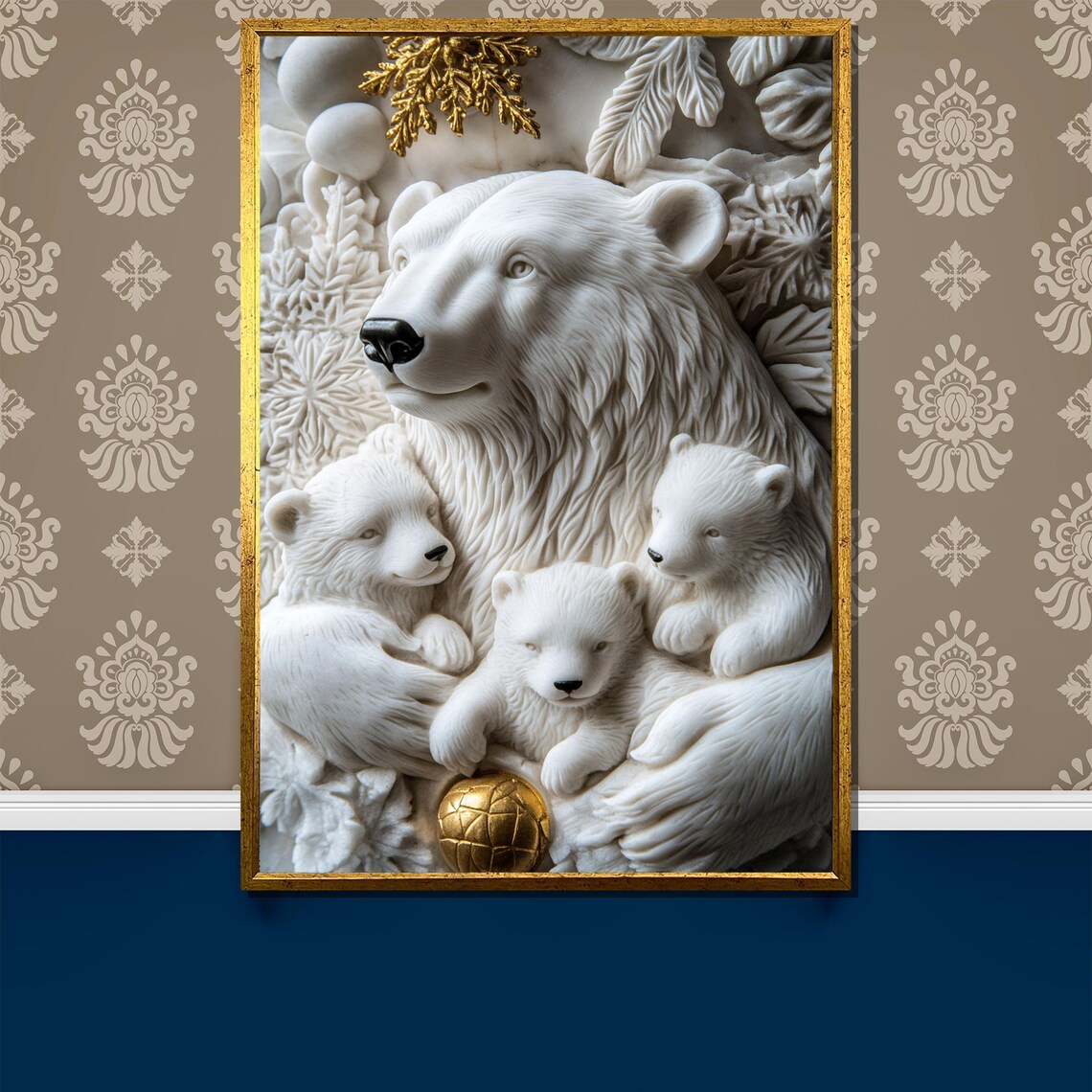 White Polar Bear Family With Gold Accents Sculptural Art Poster