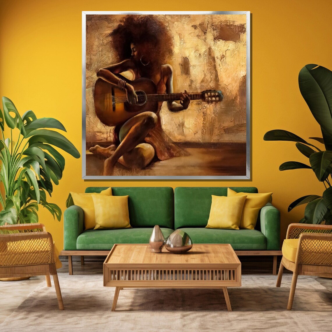 Woman Playing Guitar Warm Afro Acoustic Music Painting Poster - Image 3
