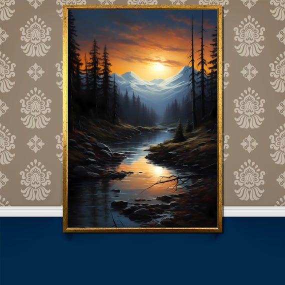 Tranquil Sunset Over Mountain Stream Painting Scenic Wilderness Landscape Peaceful Forest Art Perfect Nature Gift For Wall Decor