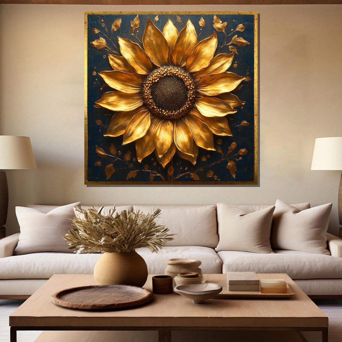 Golden 3D Sunflower On Deep Blue Luxurious Large Floral Poster - Image 5