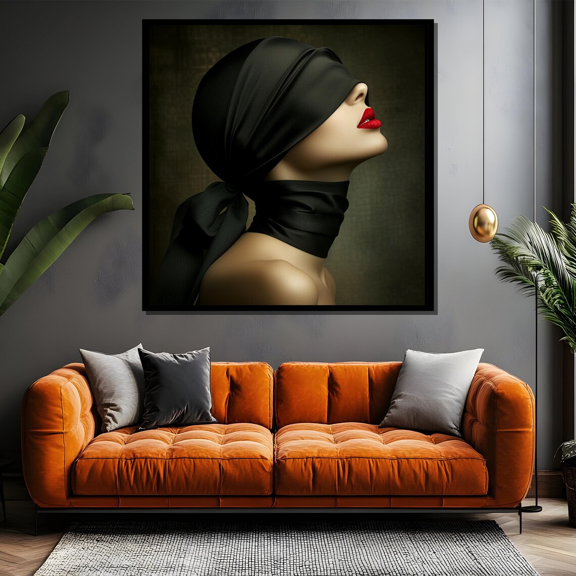 Blindfolded Woman with Black Silk Scarf and Bold Red Lips Poster - Image 4