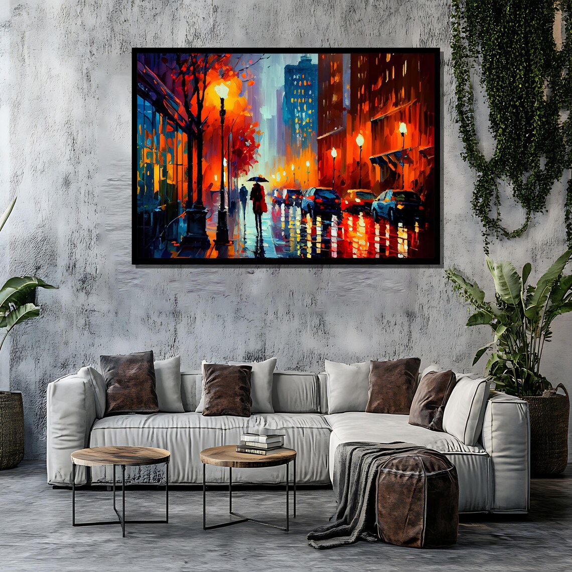 Rainy City Street at Night With Umbrella Figure Neon Painting Poster - Image 4