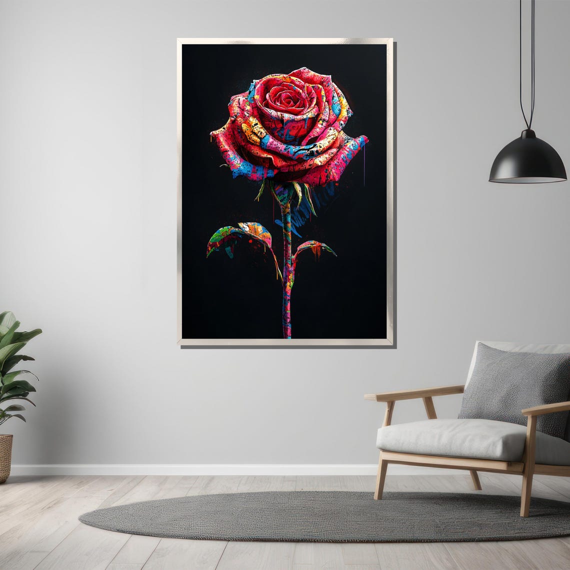 Graffiti Style Rose Multicolor Street Art Black Background Poster - Image 3