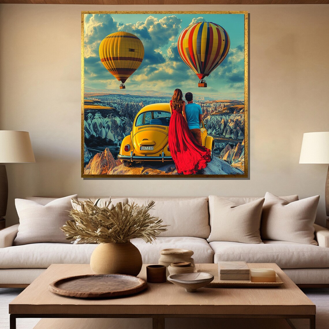 Couple By Yellow VW Beetle Cappadocia Balloons Adventure Art Poster - Image 5