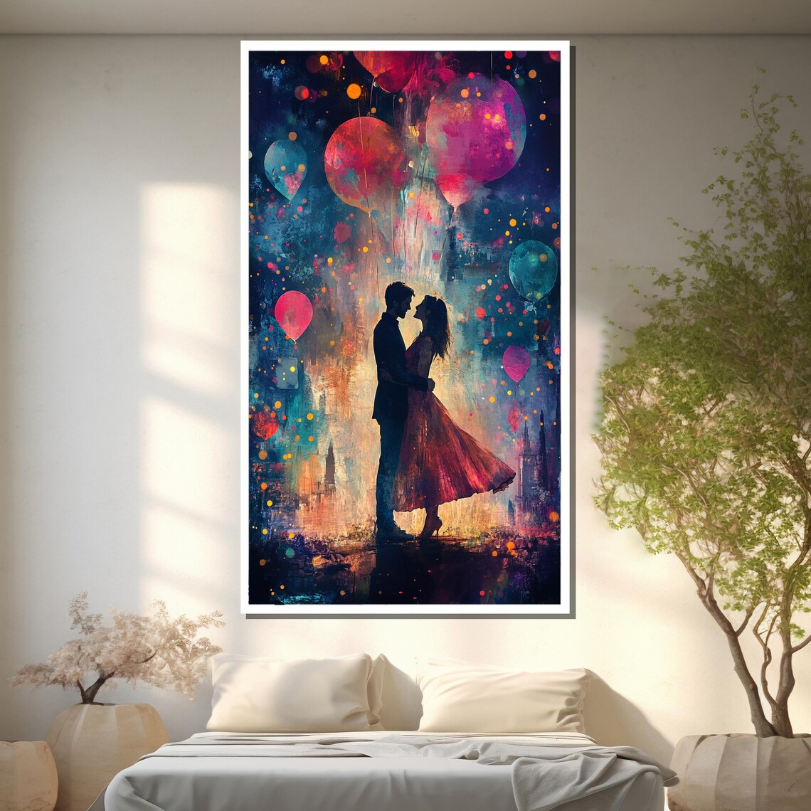 Romantic Couple Silhouette With Balloons City Night Art Poster - Image 2