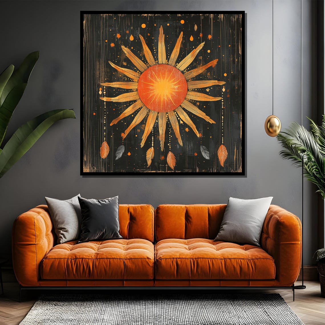 Boho Sunburst Painting Mystic Sun And Feathers Wall Art Spiritual Celestial Decor Unique Gift For Astrology Lovers - Image 4