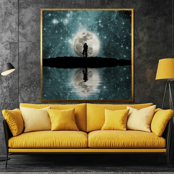 Moonlit Couple Silhouette, Starry Sky Reflected Art Print