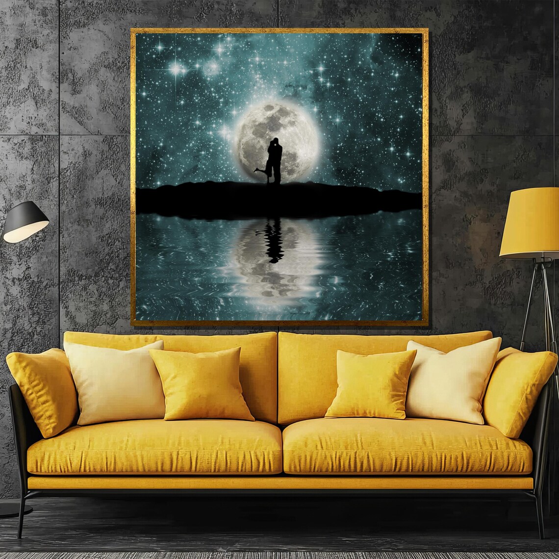 Moonlit Couple Silhouette, Starry Sky Reflected Art Print