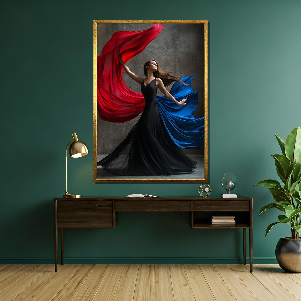 Dancer in Black Dress with Flowing Red Blue Silk Fabric Art Poster - Image 5
