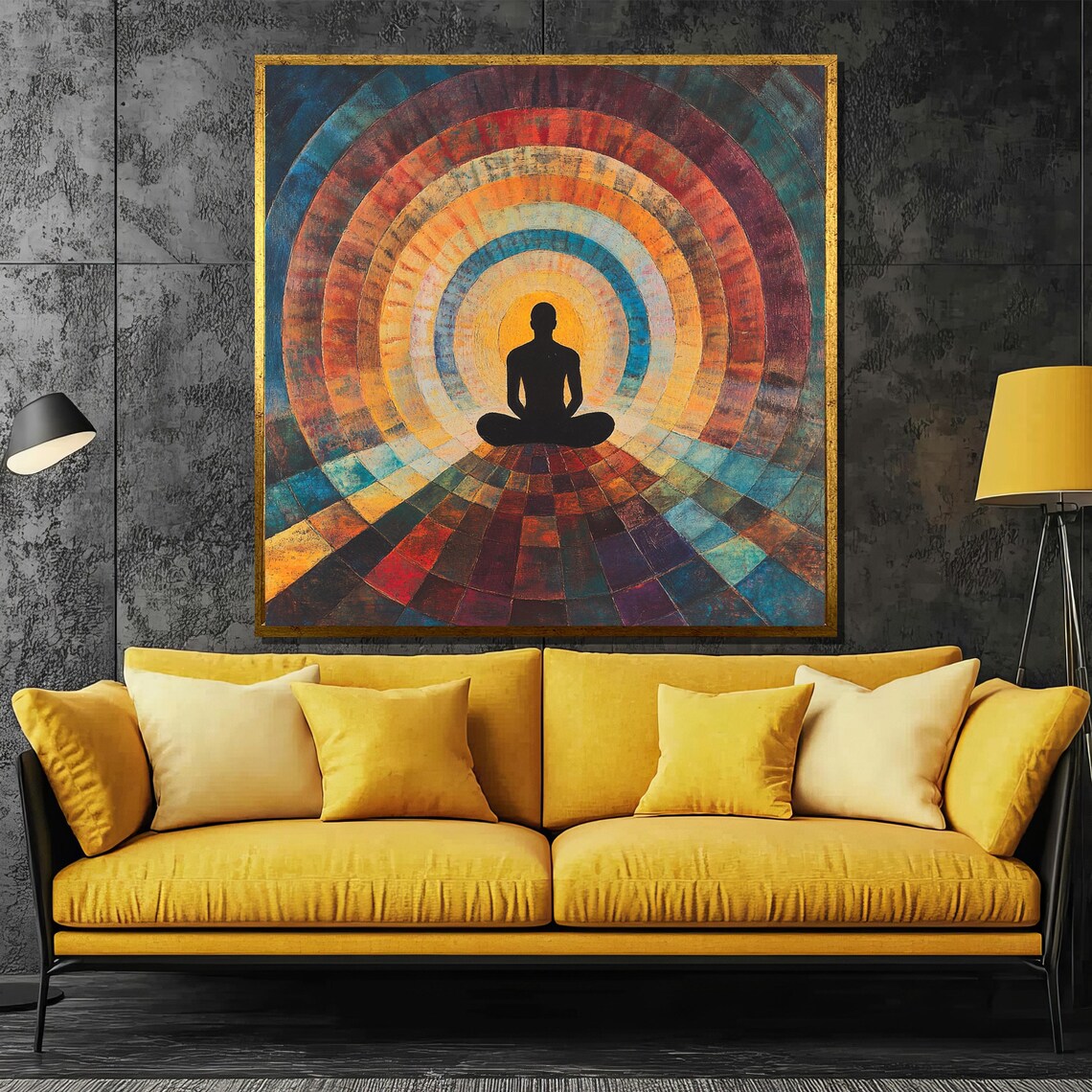 Meditation Silhouette in Rainbow Chakra Tunnel Zen Art Poster