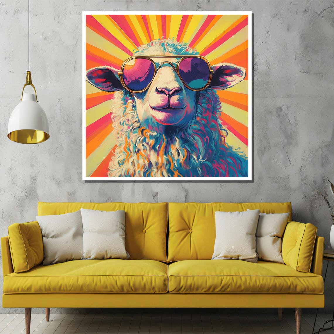 Retro Sheep in Sunglasses Over a Psychedelic Sunburst Poster - Image 2