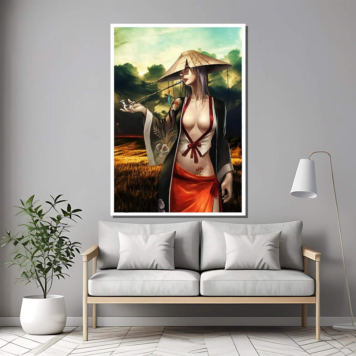 Anime Woman With Conical Straw Hat In Sunset Field Art Poster - Image 2