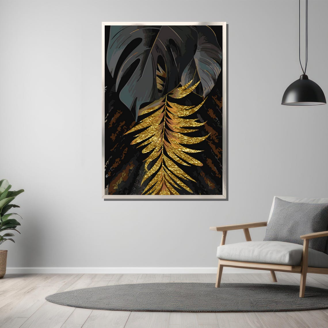 Gold Feather Leaf With Dark Tropical Leaves Black Background Poster - Image 3