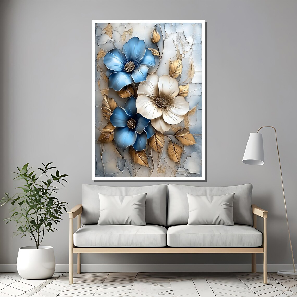 Blue And White Anemone With Gold Leaves Cracked Texture Poster - Image 2