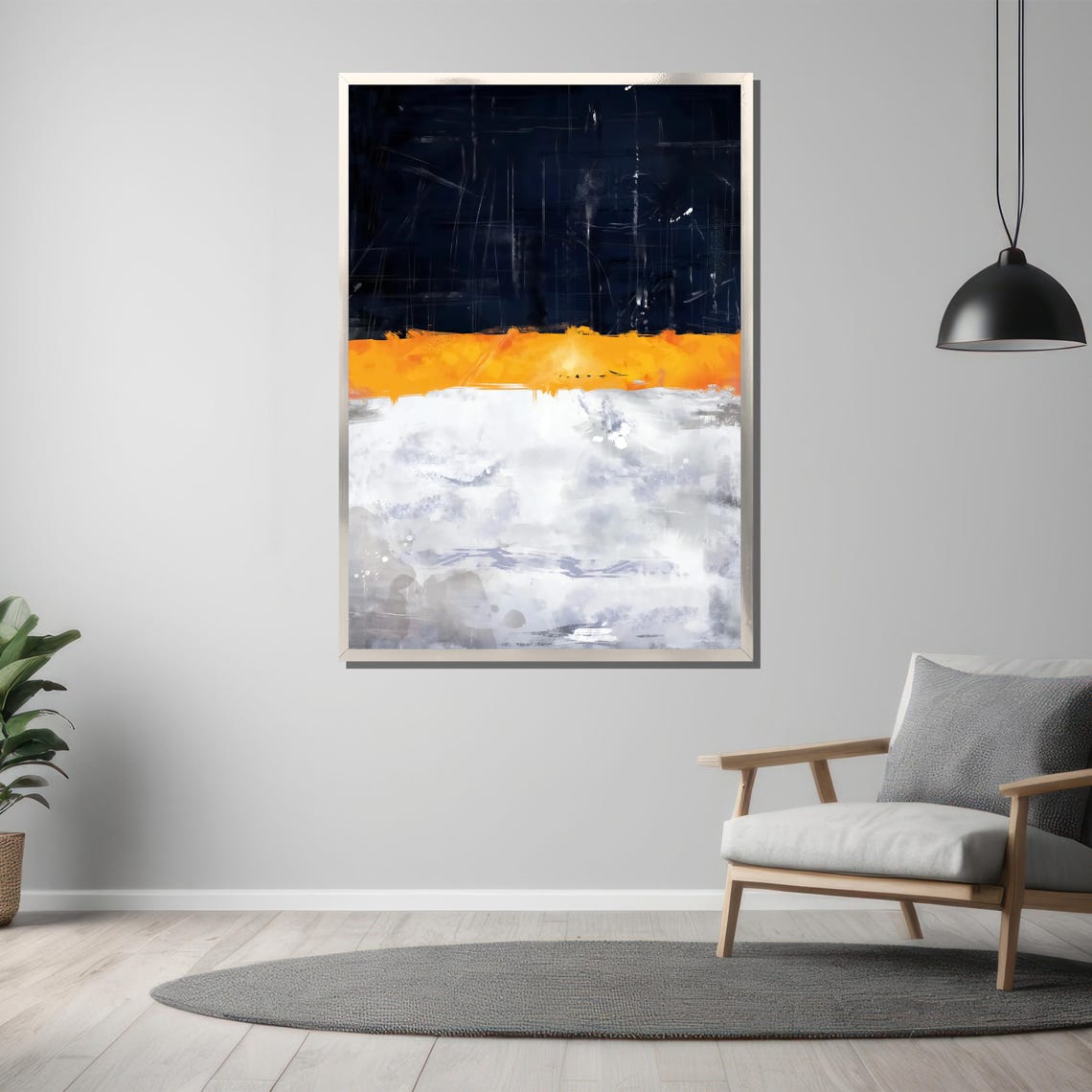 Navy Orange White Abstract Horizon Line Sunset Modern Art Poster - Image 3