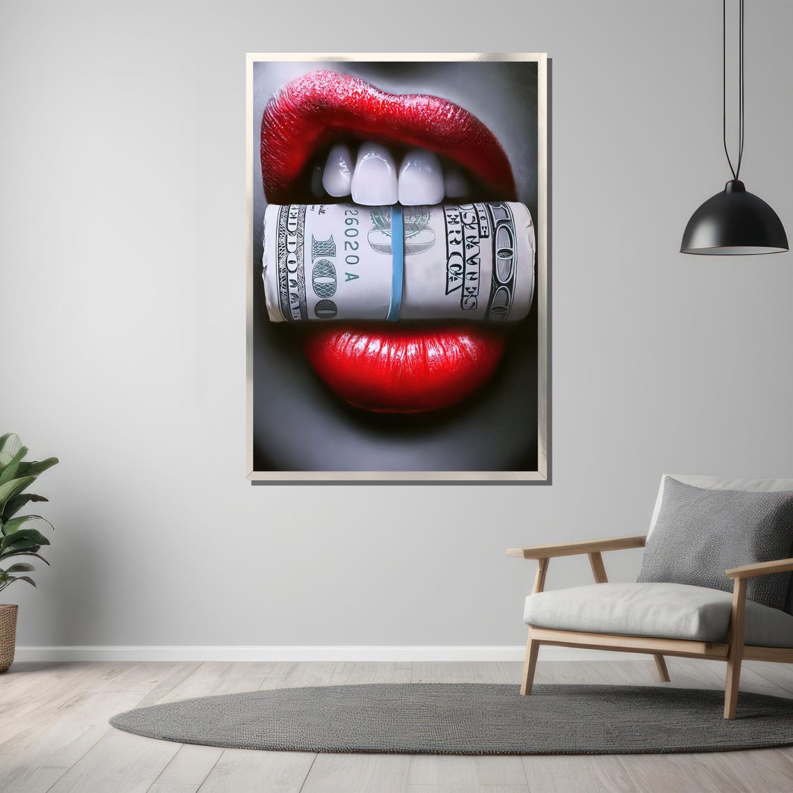 Bold Red Lips With Money Roll Painting Statement Gift For Modern Wall Art And Luxury Home Decor Enthusiasts - Image 3