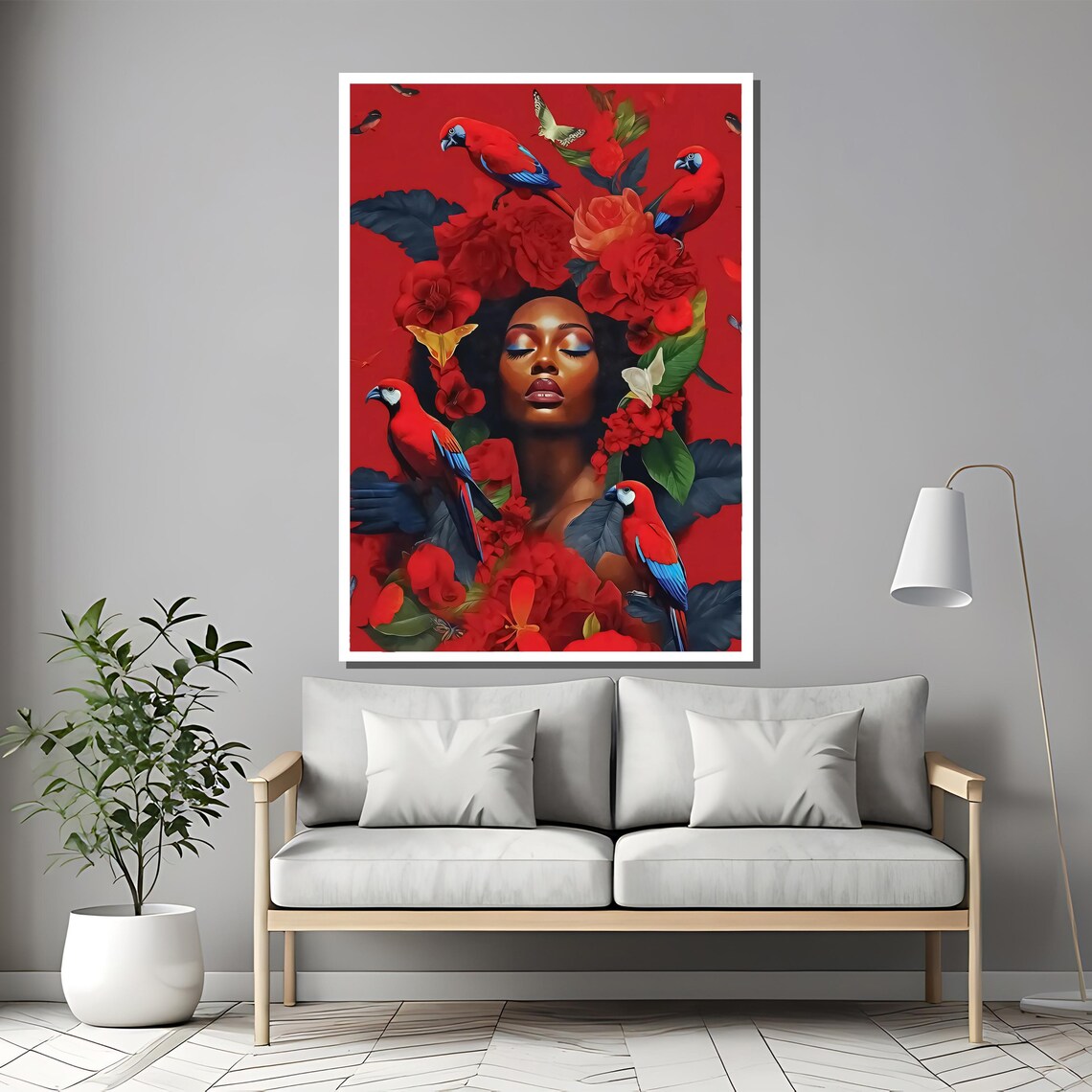 African Woman With Red Parrots And Flowers Nature Art Poster - Image 2