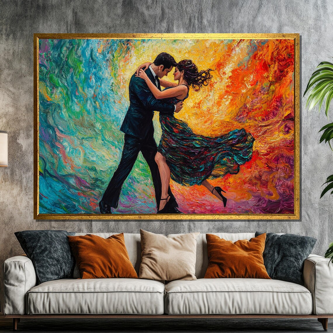 Passionate Couple Dancing In A Swirl Of Teal Orange And Red Paint Poster
