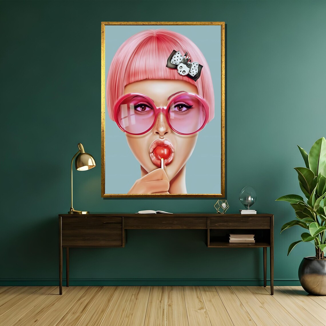 Pink Bob Wig Sunglasses Lollipop Bow Pop Art Girl Fun Poster - Image 5