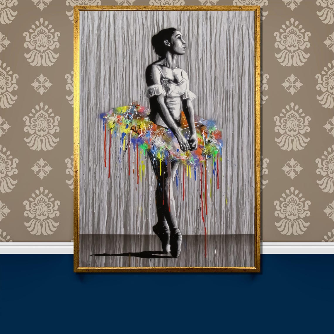 Monochrome Ballerina Dripping Paint Tutu Grey Background Poster