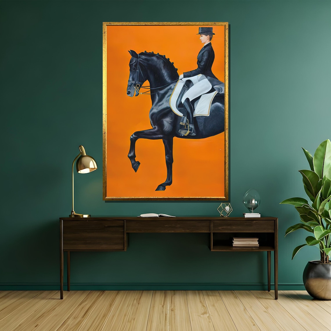 Equestrian Dressage Rider on Black Horse Bold Orange Art Poster - Image 5