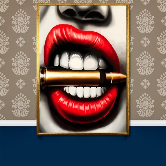 Bold Lips And Bullet Painting Edgy Modern Art Piece Unique Gift For Pop Art And Street Art Lovers Striking Wall Decor Statement
