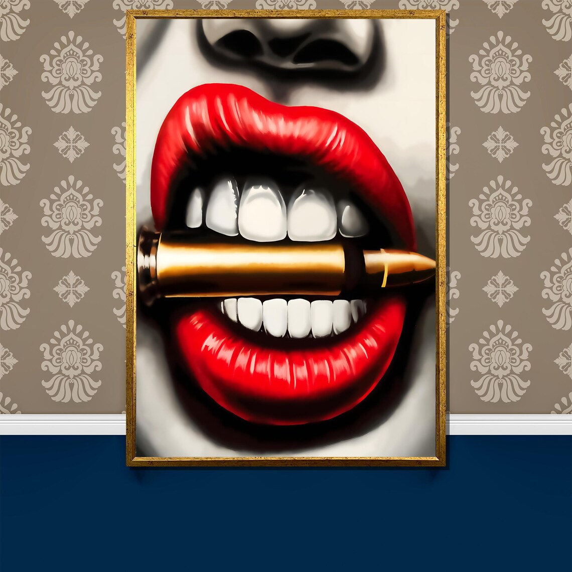 Red Lips Bullet Black White Edgy Pop Art Cinematic Elegant Poster