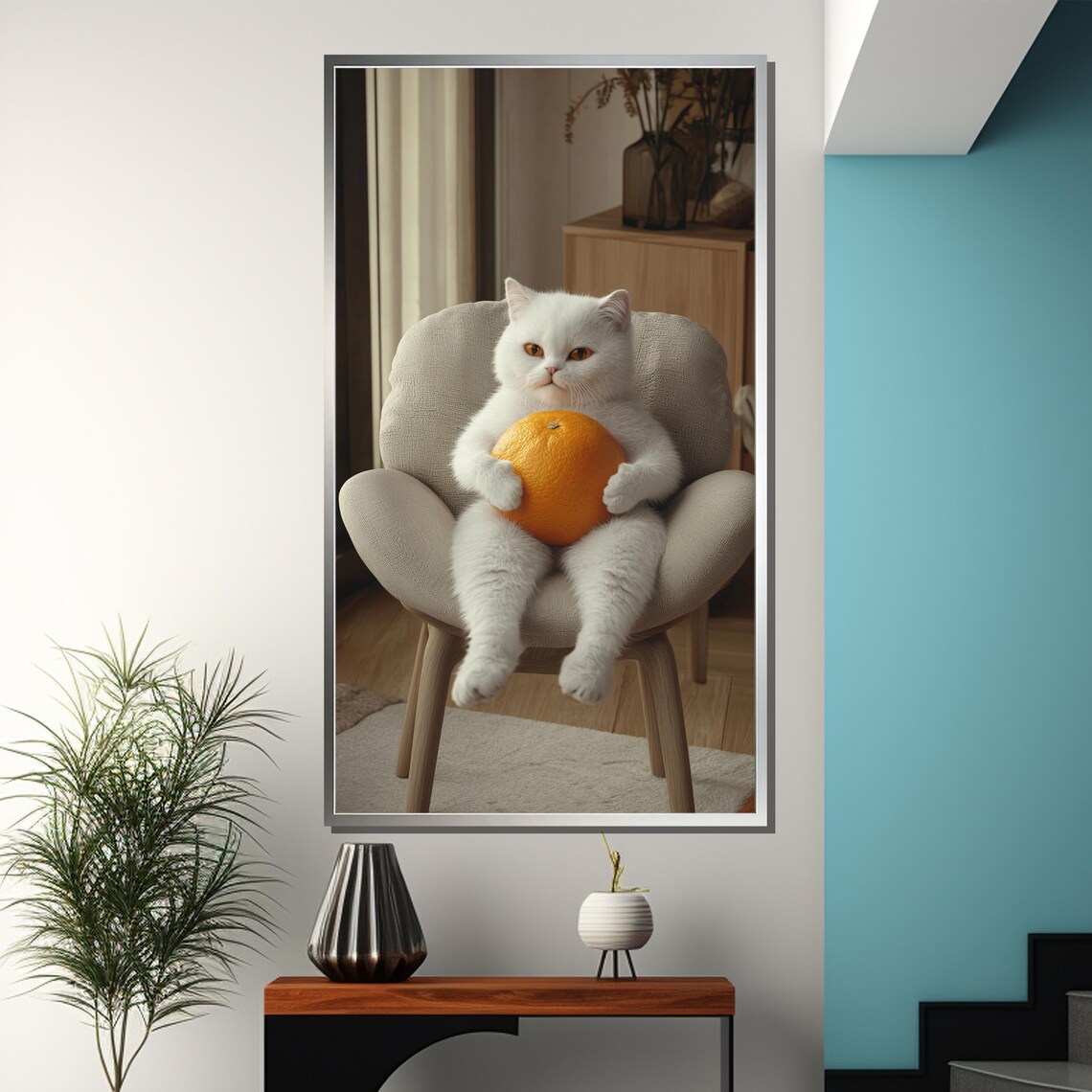Funny White Cat Holding Big Orange Sitting In Chair Art Wall Poster - Image 3