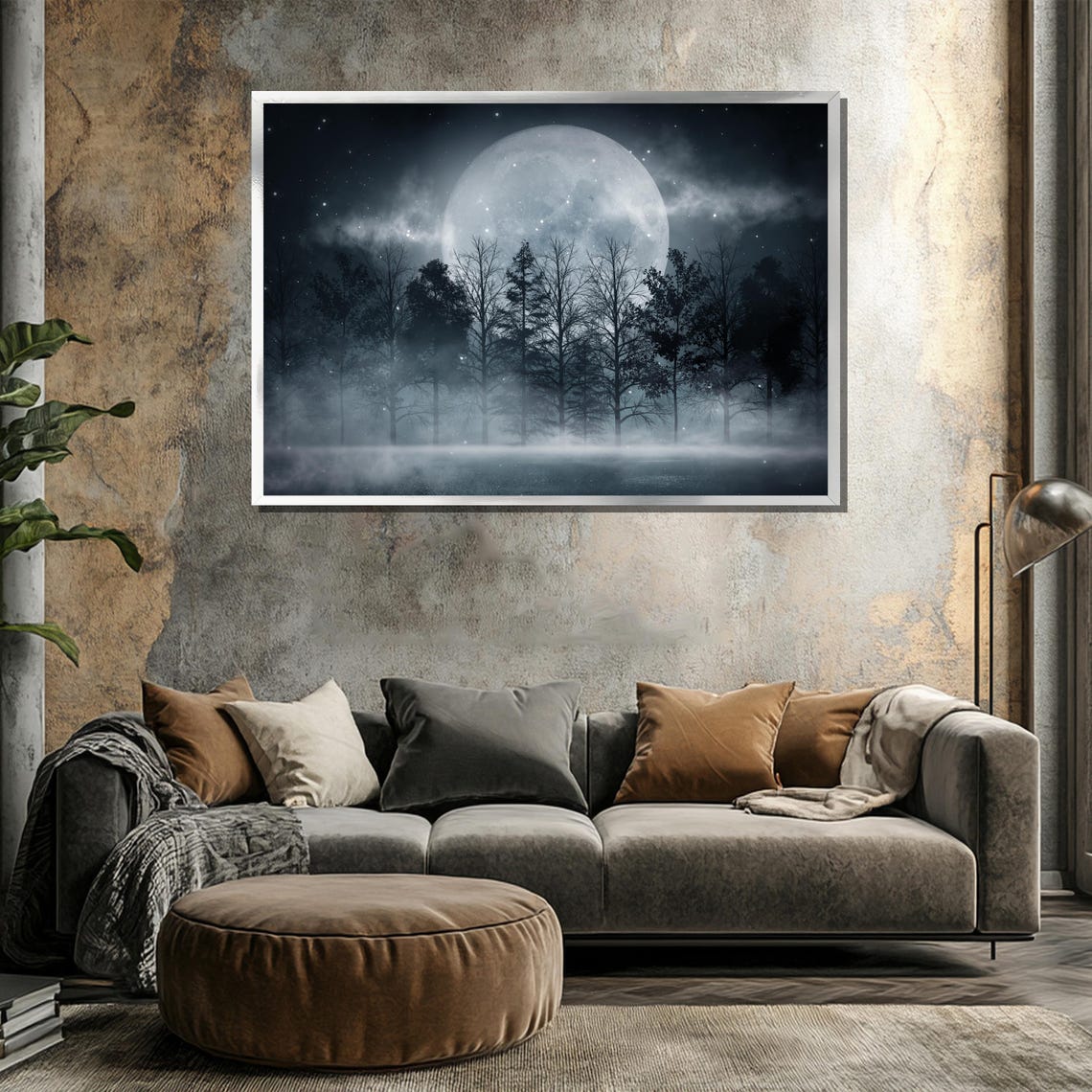 Full Moon Rising Over Misty Night Forest Eerie Landscape Poster - Image 3