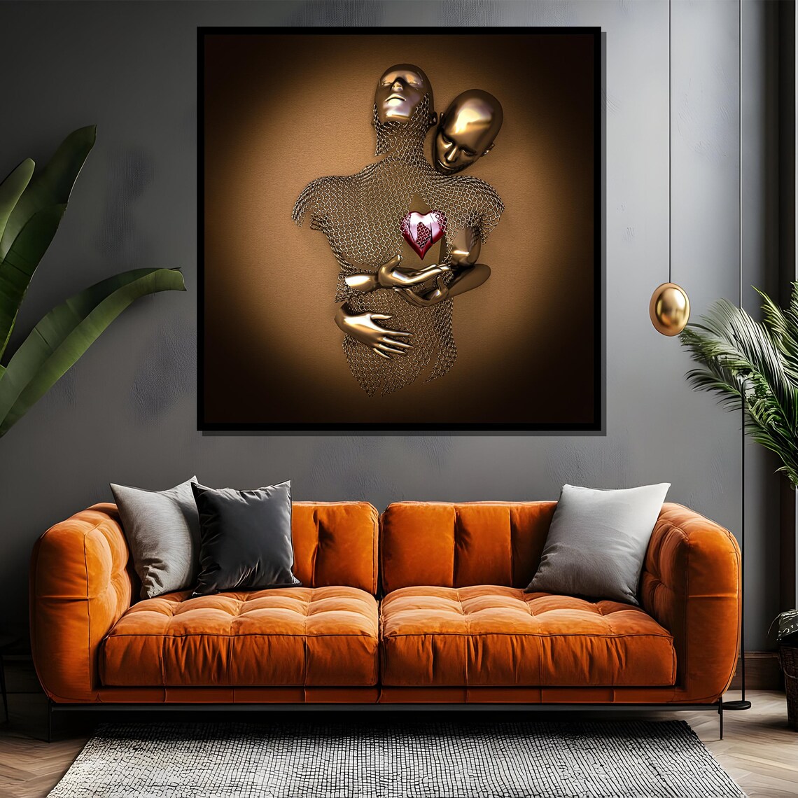 Golden Metallic Lovers Embrace With Glowing Heart Sculpture Poster - Image 4
